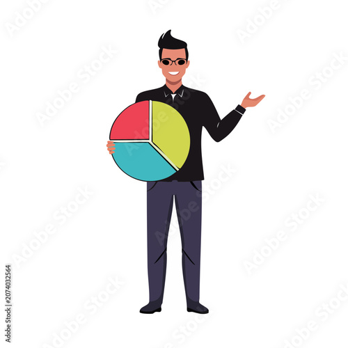Businessman holding colorful pie chart illustration
