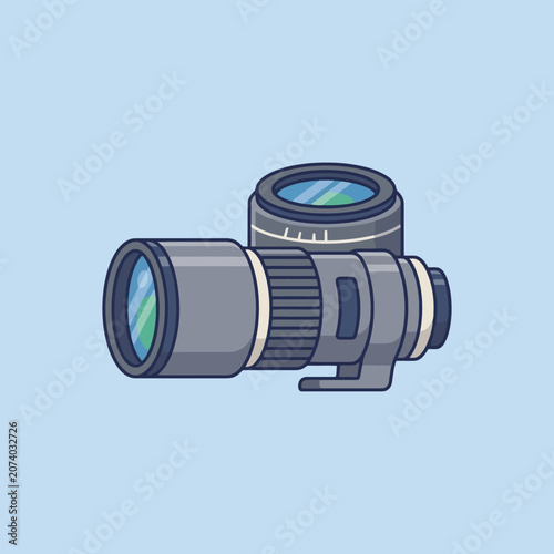 A digital camera lens isolated on a light blue background