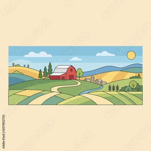 A red barn sits on rolling green hills under a blue sky