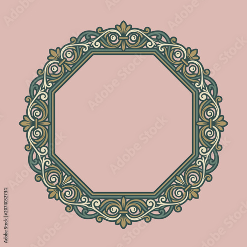 An elegant octagonal frame with intricate vintage floral scrollwork patterns