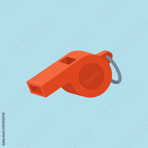 A bright orange plastic whistle isolated on a light blue background