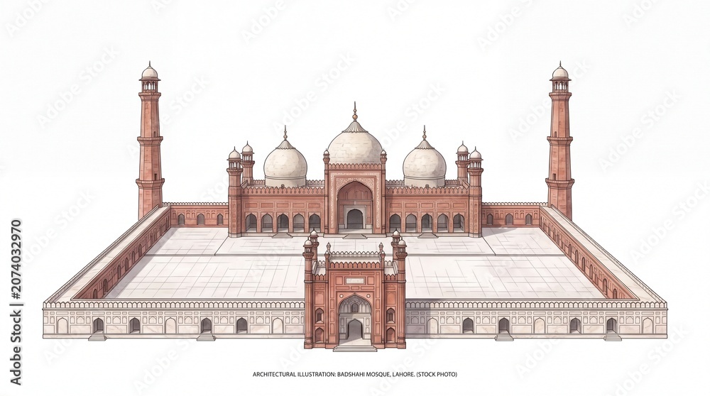 Obraz premium Mughal architecture illustration of Badshahi Mosque, red sandstone Islamic landmark with white marble domes, historic religious monument on white background