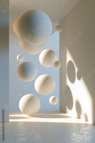 Soft spheres float in minimalist, sunlit space