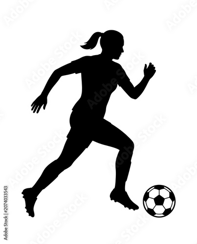 female football player running while dribbling soccer ball black silhouette vector isolated on white background for sports branding logos and football tournament graphics