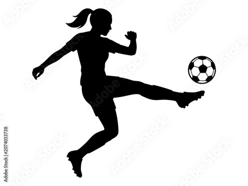 female football player kicking soccer ball black silhouette vector isolated on white background for sports branding logos and football tournament graphics