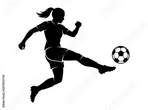 women football player performing powerful kick with soccer ball black vector silhouette isolated on white background for sports graphics and football branding