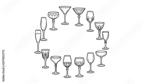 Konstfotografi Vintage wine glasses collection circular arrangement hand drawn illustration