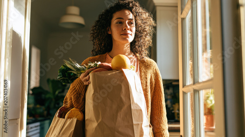 Sunlight bathes a woman holding grocery bags