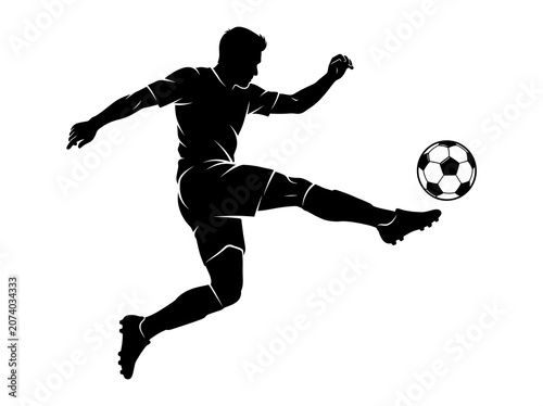 black football player kicking soccer ball silhouette vector isolated on white background for sports logo and tournament design