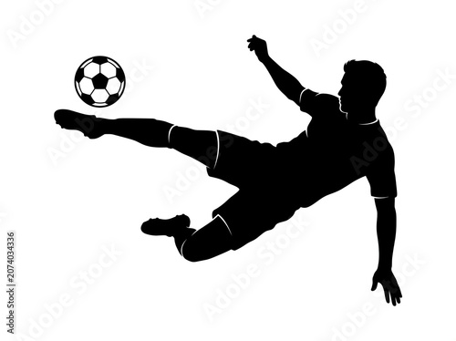 black football player performing bicycle kick with soccer ball silhouette vector isolated on white background for sports logo and football branding design