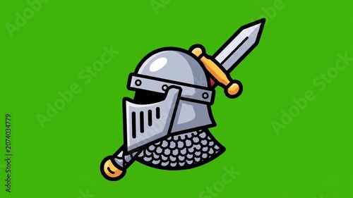 A cartoon knight's head with a silver helmet and sword on green