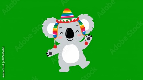 A cartoon koala wearing a colorful sombrero on a green background