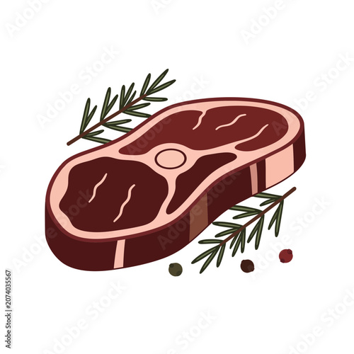 Illustrated steak with rosemary and peppercorns
