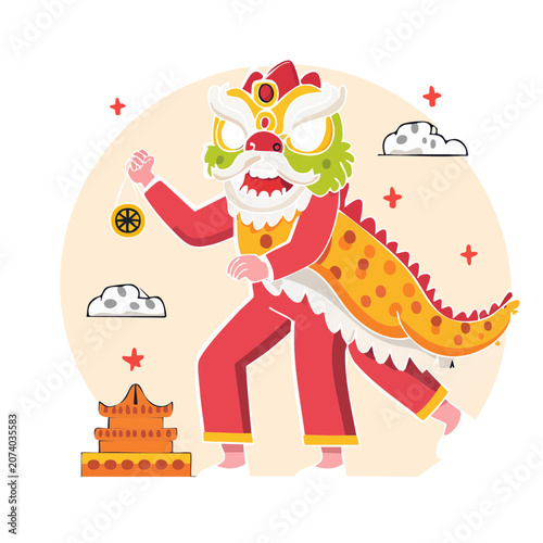 Lion dance costume in traditional flat illustration style