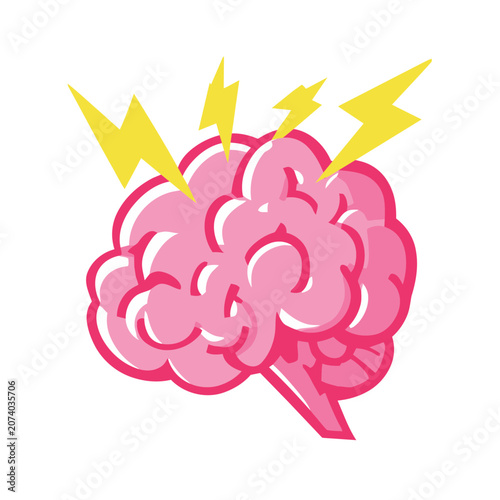 Pink brain with yellow lightning bolts vector illustration