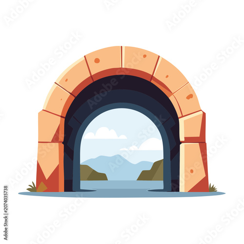 Stone archway framing a scenic mountain and lake landscape