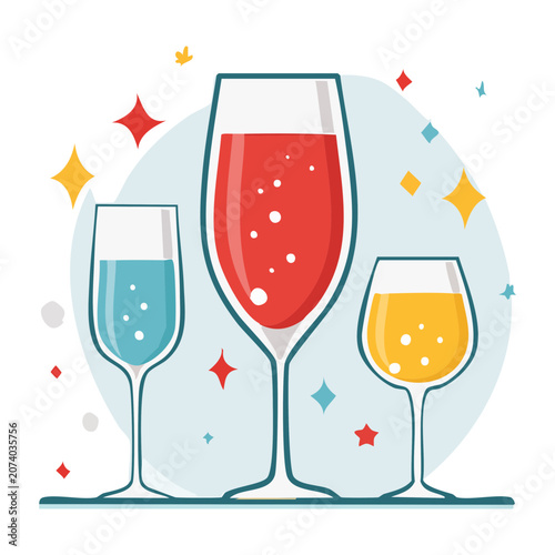Three glasses with colorful drinks and festive sparkles
