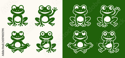 Cute Frog Mascot Logo Vector Set: Happy Cartoon Toad Characters in Yoga, Waving, and Thinking Poses for Modern Kids Branding, Stickers, and Apps