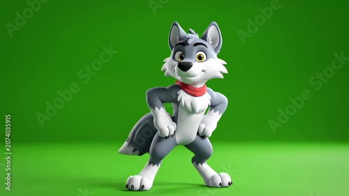 A cartoon husky with a red collar stands on a green background