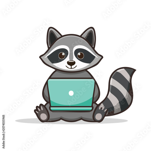 Cartoon raccoon using a laptop