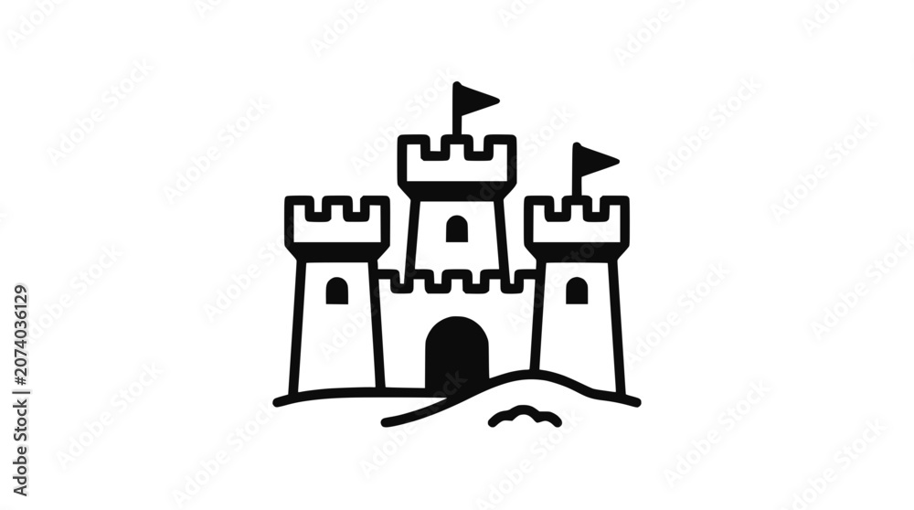 Obraz premium Medieval castle icon, simple line art fortress on white background, fantasy architecture symbol