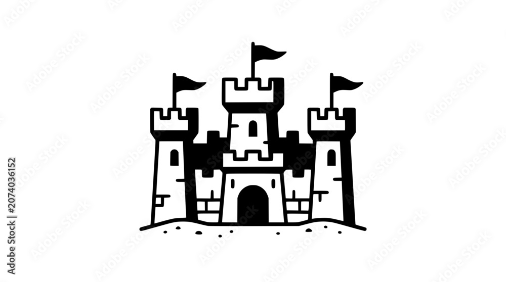 Fototapeta premium Black and White Medieval Castle Icon with Flags on White Background