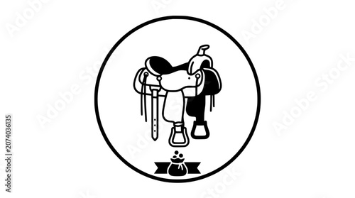 Fotografie Western Saddle Icon with Reins and Stirrups - Line Art Illustration