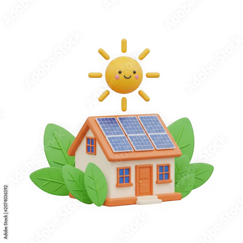 Solar panel house with happy sun