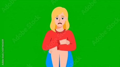 A cartoon illustration of a blonde woman in red sweater and blue skirt on green