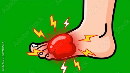 A cartoon illustration of a foot with a large red gouty swelling on the big toe, surrounded by yellow lightning bolts on a green background