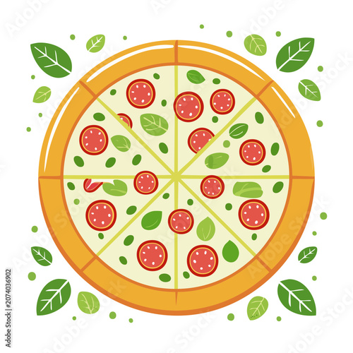 Flat vector illustration of a pepperoni pizza with basil