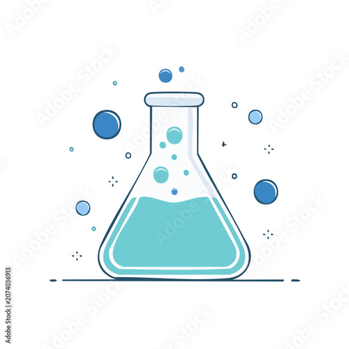Flat vector illustration of laboratory flask with liquid and bubbles