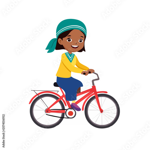 Girl riding a red bicycle in flat vector style