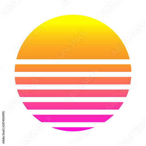 Retro Striped Sunset Icon in 1980s Synthwave Style Vector Illustration