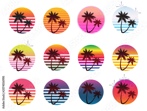 Retro Synthwave Sunset Icon Set with Tropical Palm Trees Vector Collection
