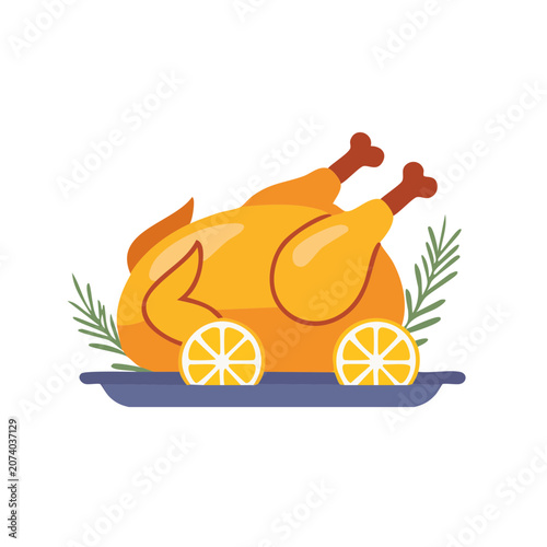 Roasted Chicken with Lemon and Rosemary Vector Illustration