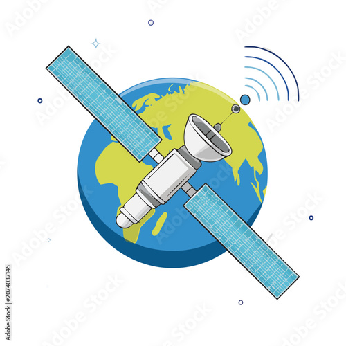 Satellite orbiting Earth with signal waves