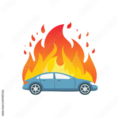 Blue car engulfed in flames, flat vector illustration