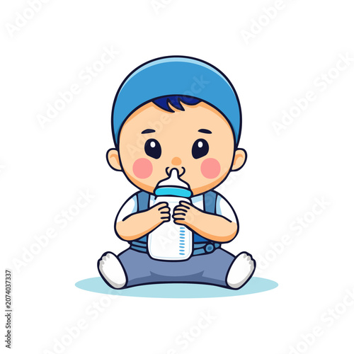 Cartoon baby drinking milk from bottle