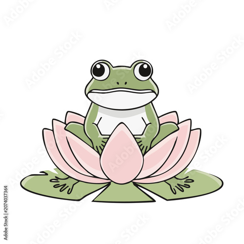 Cartoon Frog Sitting on Lotus Flower