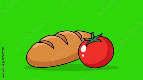 A cartoon illustration of a loaf of bread and a tomato on a green background