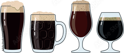Billede på lærred Dark Beer Glass Vector Set Featuring Stout, Porter, Dimpled Mug, and Snifter Gla