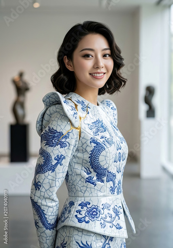 Young China woman posing in cracked China inspired fashion