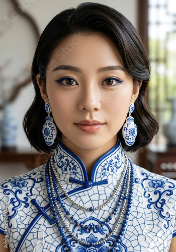 Young China woman posing in cracked China inspired fashion