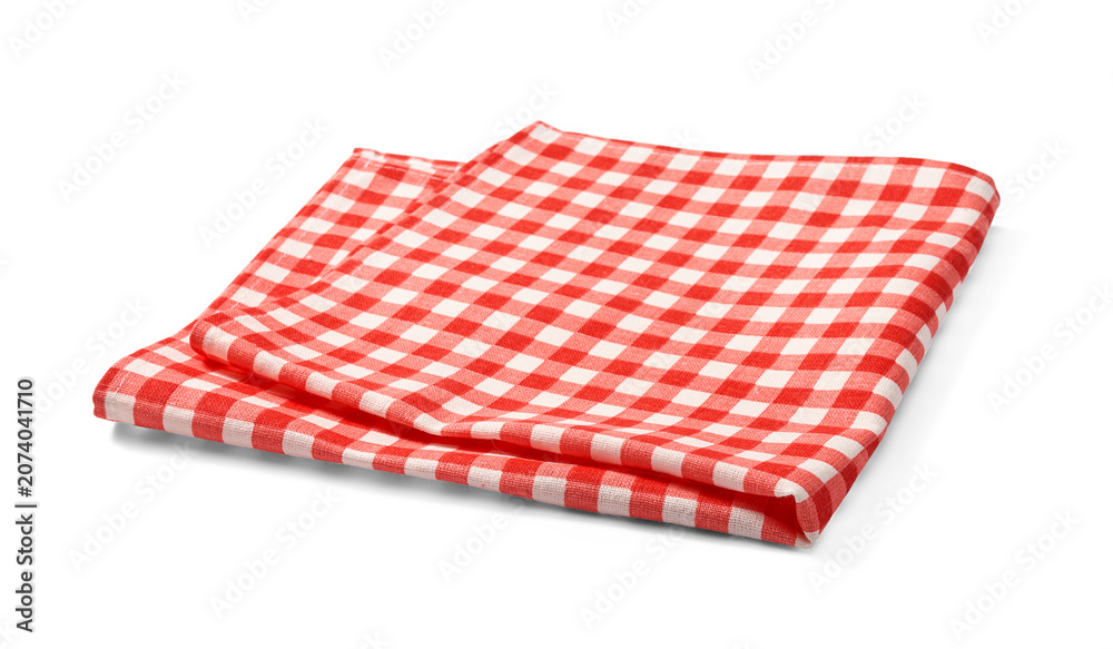Fototapeta premium Red napkin on white background. Folded red-and-white gingham kitchen towel isolated.
