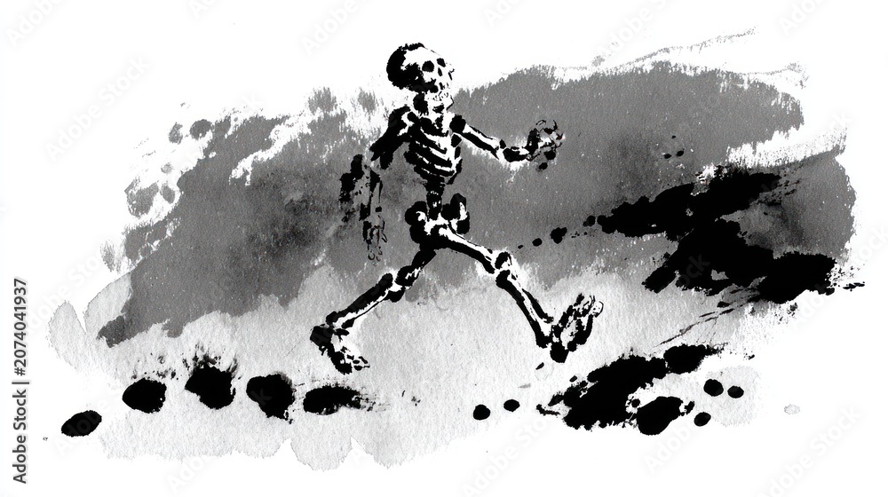 Obraz premium Running skeleton ink illustration on white background with dynamic motion