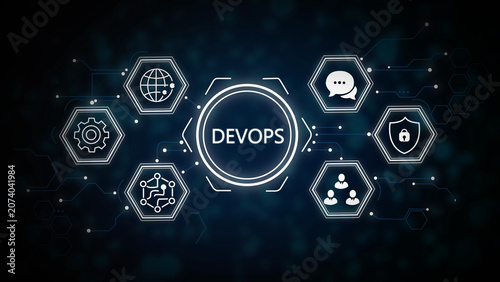 Cuadro en lienzo Dev ops methodology illustrated with interconnected gears, cloud, code, and auto