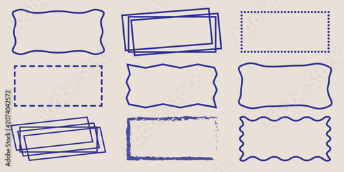 Hand drawn blue frame set with wavy dotted and sketchy borders.
