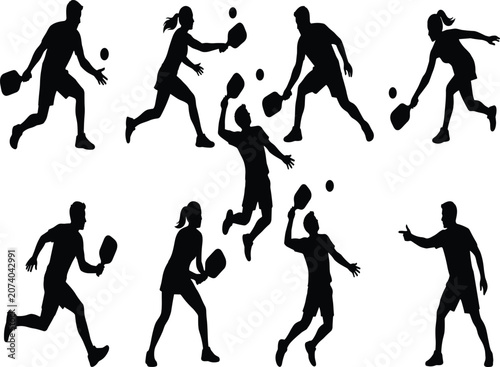 Tableau sur toile Pickleball players silhouette vector icon set featuring active men and women per