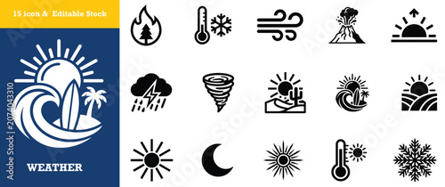 Slika na platnu Weather conditions and extreme climate natural phenomena icon collection for design